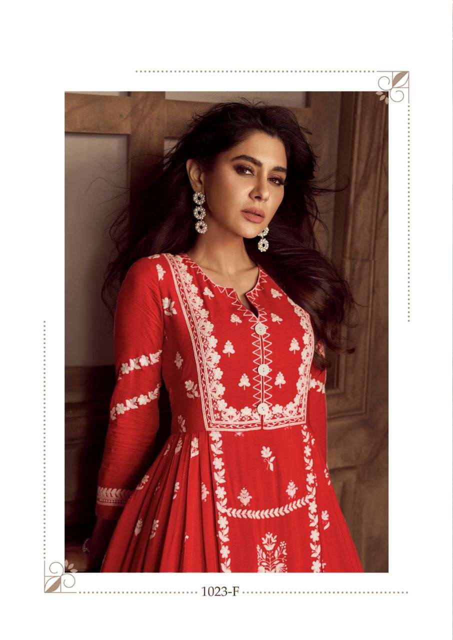 LAKHNAWI VOL 4 DARK COLOR HEAVY REYON WHITE THREAD EMBROIDERY WORK NAYRA CUT KURTI WITH PLAZZO AND NAZMIN DUPATTA BY VAMIKA BRAND 1023 F C